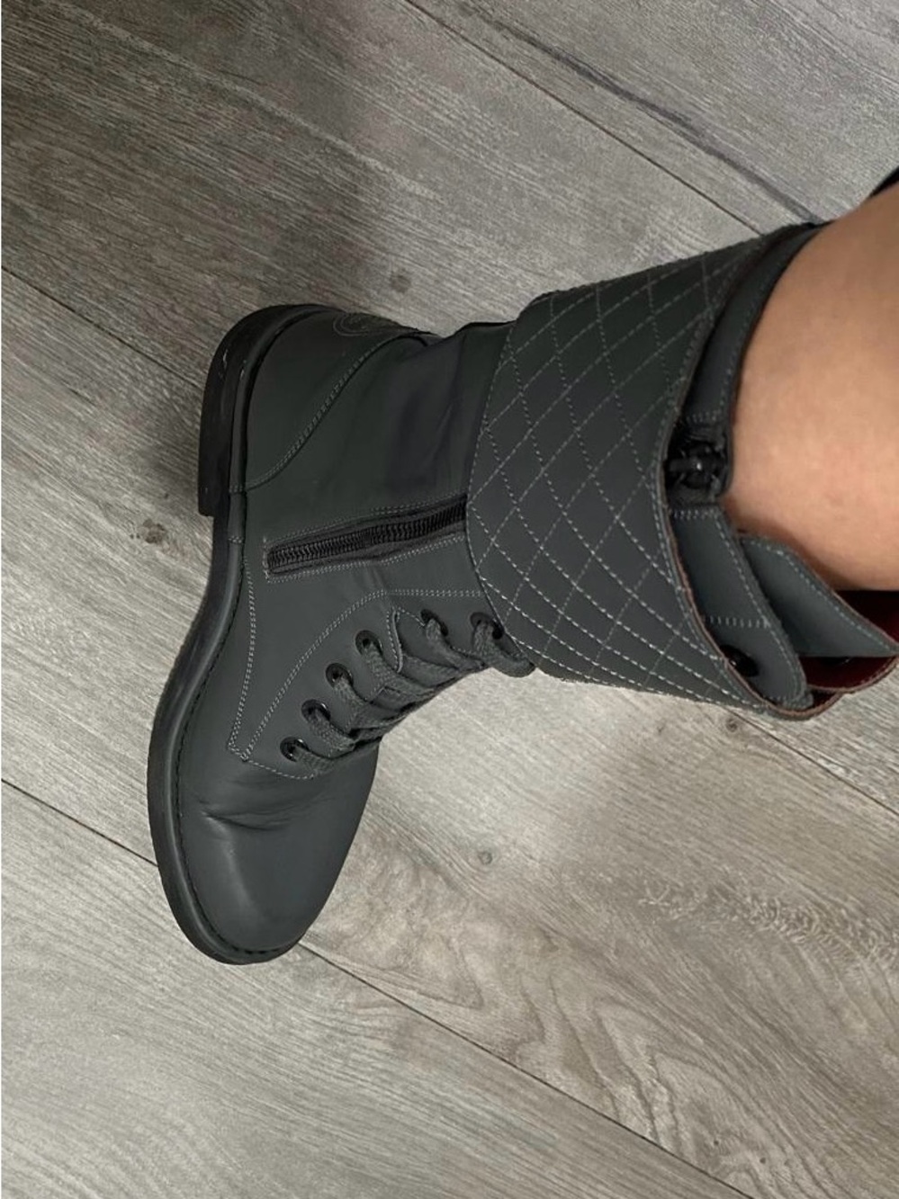 CHANEL dark gray Quilted Cuff Combat Boots